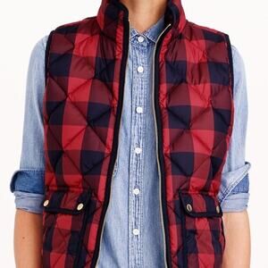 J Crew Puffer Vest Quilted Black Red Buffalo Check Zip Up XS